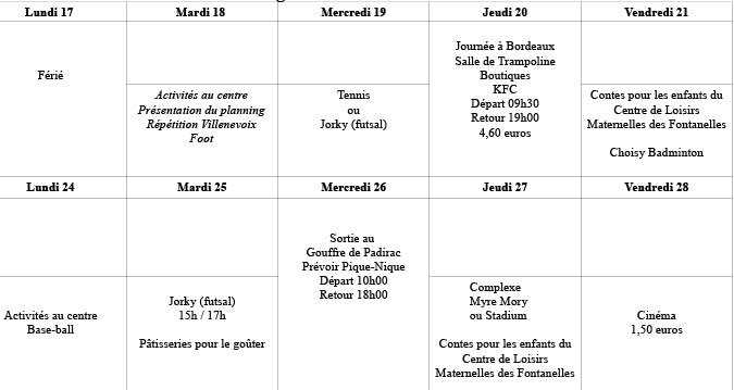 Planning Maison des Jeunes de Villeneuve sur Lot Planning Maison des Jeunes de Villeneuve sur Lot